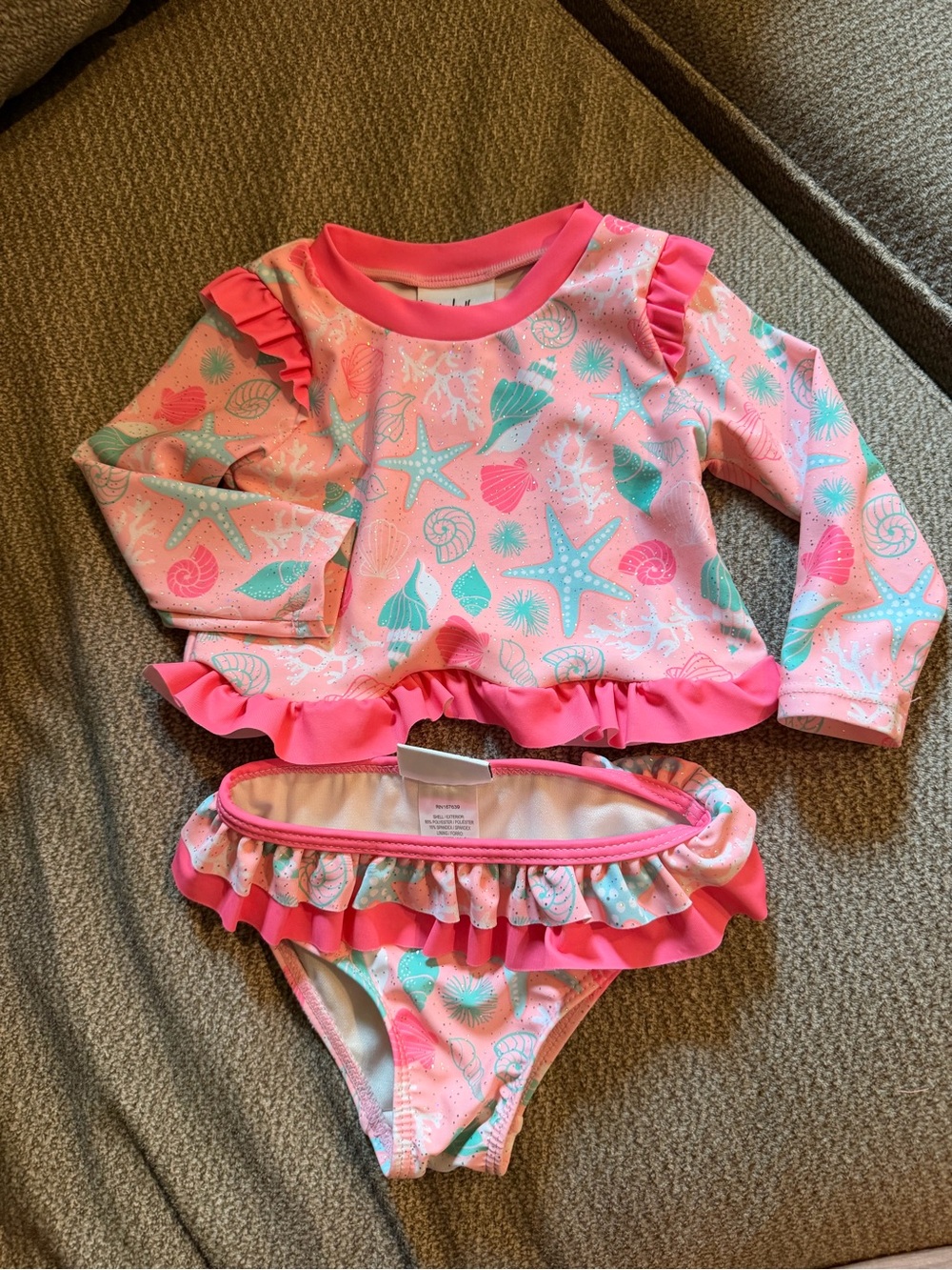Nicole Miller Glitter Pink Seashell & Starfish Ruffle Rashguard Bikini Set